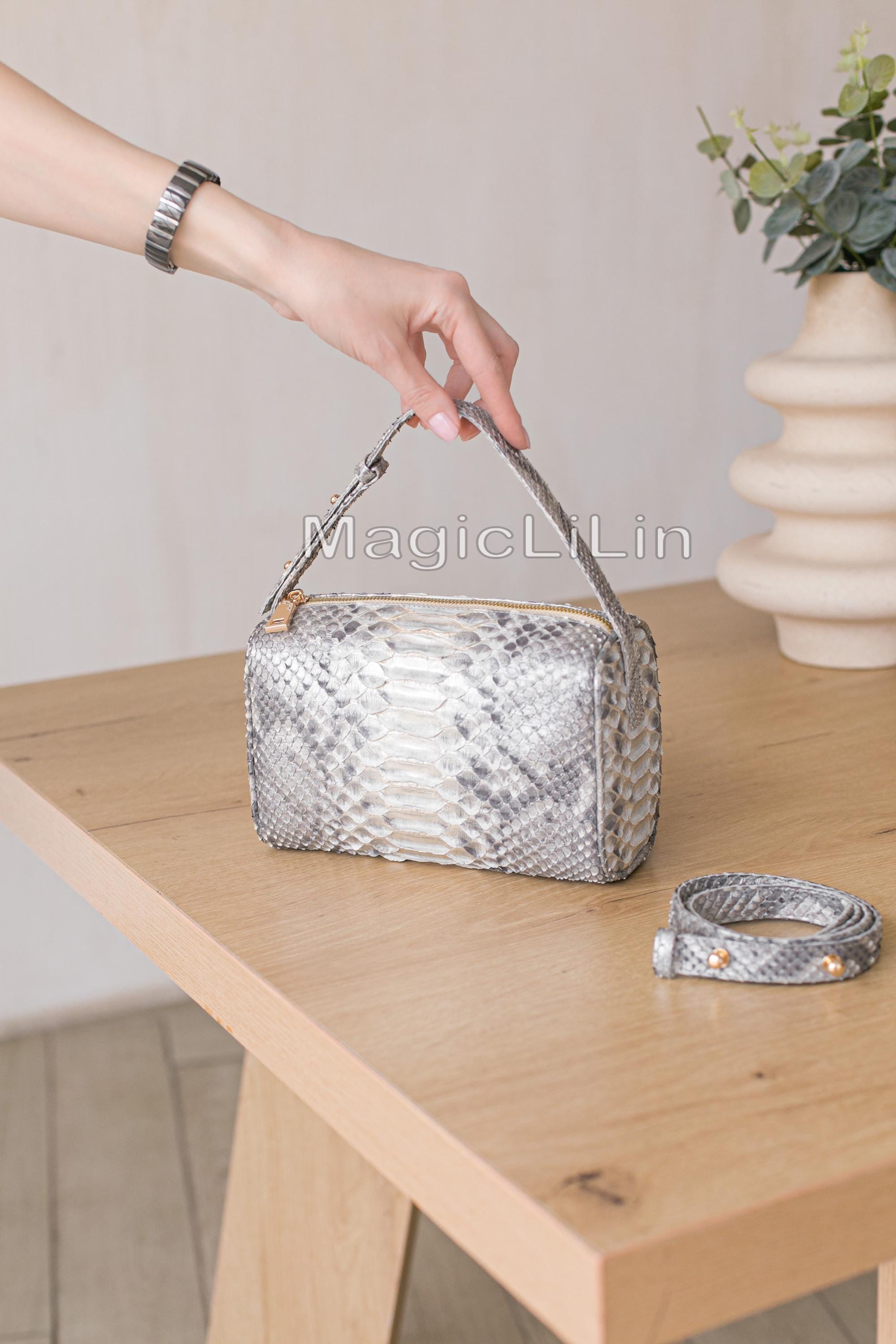 90s Python Leather Crossbody Bag – Snakeskin Top Handle Mini Purse 