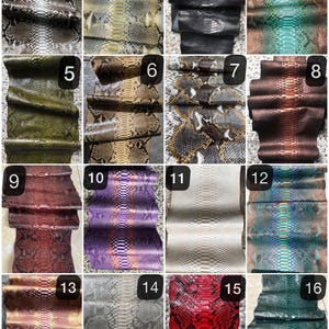 May include: A collection of sixteen samples of exotic leather, each with a unique snakeskin pattern. Colors range from natural browns and greens to vibrant reds and purples. The textures and patterns are clearly visible.