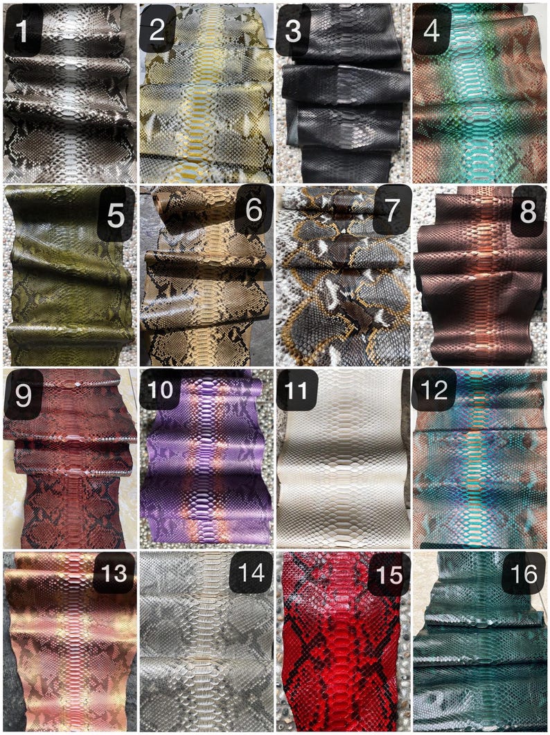 May include: A collection of sixteen samples of exotic leather, each with a unique snakeskin pattern. Colors range from natural browns and greens to vibrant reds and purples. The textures and patterns are clearly visible.