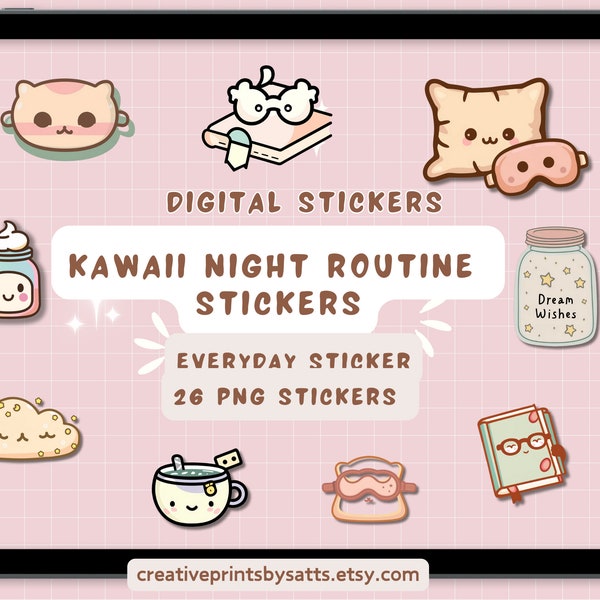 Kawaii Night Routine Stickers,Pastel Doodle Stickers ,Planner accessories, planner sticker collection, Get organized  with 26 stickers pack