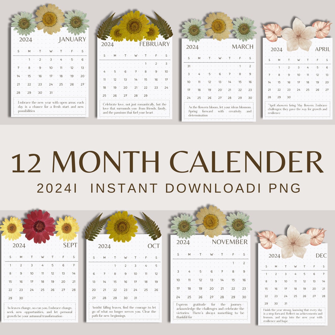 2024 Calendar Png,modern Calender,dry Floral, 2024 Calendar,12 PNG