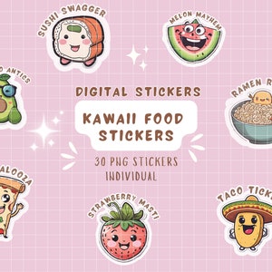 30 Kawaii food, doodle Stickers, planners kawaii stickers, transparent bundle, eating stickers png,junk food stickers, digital sticker pack