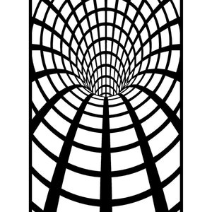 Puede incluir: Diseño geométrico abstracto en blanco y negro con un patrón de cuadrícula que crea un efecto 3D de túnel o vórtice.