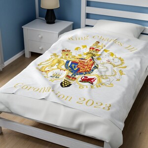 King Charles III Coronation 2023 Velveteen Plush Blanket with Coat of Arms Design, Royal Family Blanket, King Charles coat of arms blanket