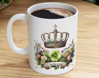 Elegant White Mug with Royal Crown & Floral Design - 'Catherine' Princess of Wales - Regal Coffee Cup, Perfect Gift Idea, Kate Middleton Mug