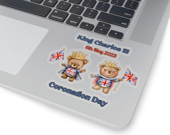 Coronation of King Charles III Kiss-Cut Stickers, adorable bears wearing crowns, Union Jack waving stickers , Royal Family coronation 2023