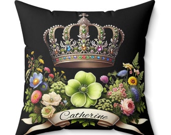 Catherine Princess of Wales Cushion - Floral & Royal Crown Design, Catherine White Pillow in 3 Sizes, Kate Middleton cushion, Royal Cushion