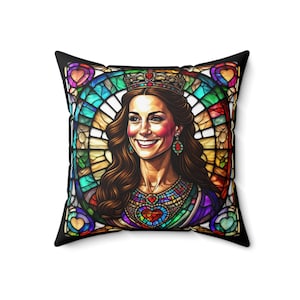 Eternal Elegance: Stained Glass Catherine Princess of Wales Design Black Cushion,Princess Kate Cushion, Kate Middleton Stained Glass Cushion