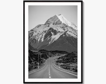 Aoraki Mount Cook Czarno-biały wydruk artystyczny, plakat z Nowej Zelandii