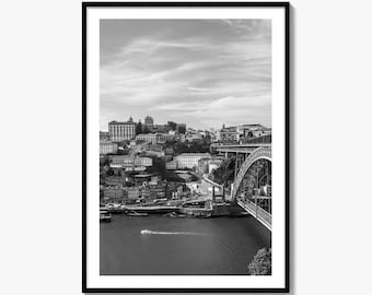 Porto Skyline Black and White Fine Art Photo Print, Douro River Portugal Poster