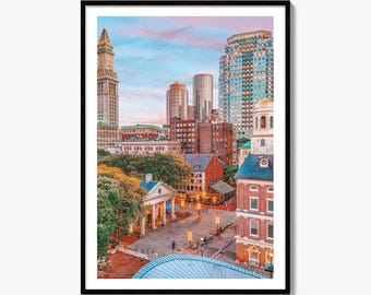 Boston Skyline Fine Art Photo Print, Faneuil Hall Quincy Market Poster, Massachusetts Wall Decor
