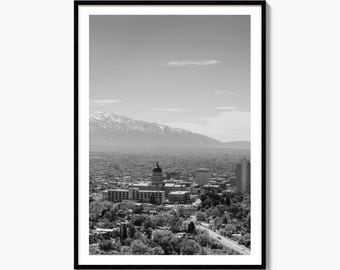 Svartvitt konstfototryck av Salt Lake Citys silhuett, Utah-poster
