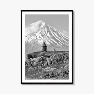 Impresión fotográfica en blanco y negro de Armenia, Monasterio de Khor Virap, Póster del Monte Ararat