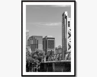 Sacramento Skyline Black and White Fine Art Photo Print, Tower Bridge, California Poster