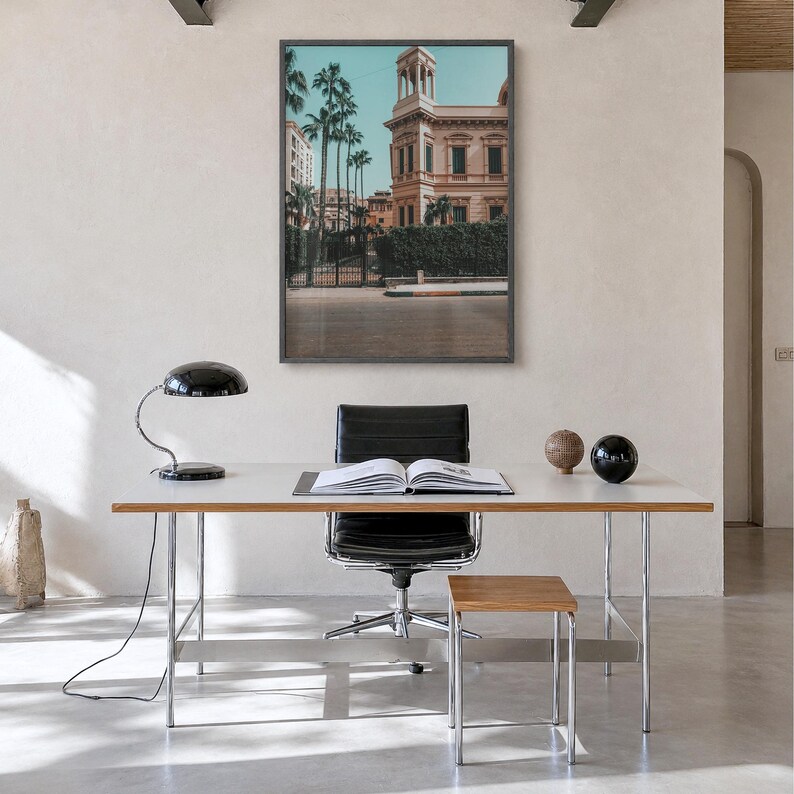 Alexandria Fine Art Photo Print, al-iskandariyah poster, full image (no border) in a black wood frame, hanging in a minimalist home office