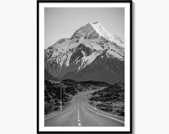 Aoraki Mount Cook Black and White Fine Art Photo Print, New Zealand Wall Decor