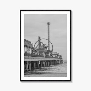 Impresión de póster fotográfico de Galveston, arte en blanco y negro de Galveston, fotografía mural de Galveston, viajes a Galveston, póster con mapa de Galveston