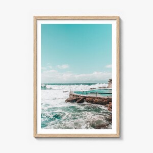 Bronte Beach Ocean Pool Fine Art Photo Print, sydney poster, white border in a natural wood frame