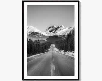 Banff Black and White Fine Art Photo Print, Canadian Rockies Mountain Road, Alberta Poster