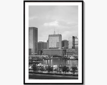 Czarno-biały wydruk artystyczny z panoramą Baltimore, plakat Inner Harbor w stanie Maryland