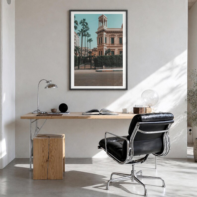 Alexandria Fine Art Photo Print, al-iskandariyah poster, white border in a black wood frame, hanging in a bright home office