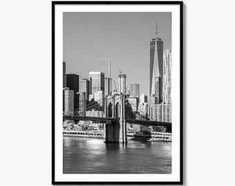 Impresión fotográfica artística en blanco y negro del horizonte de la ciudad de Nueva York, póster del puente de Brooklyn