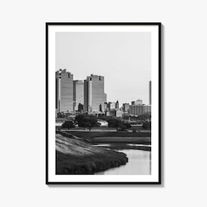 Fort Worth Skyline Black and White Fine Art Photo Print, Trinity River Texas Poster