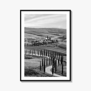 Svartvitt fototryck av Toscana, Kreta Senesi, Siena, Italien, väggposter