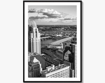 Cincinnati Skyline Black and White Fine Art Photo Print, Ohio River, USA Poster