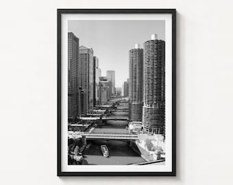 Chicago Black and White Fine Art Photo Print, River Poster, Illinois Wall Decor