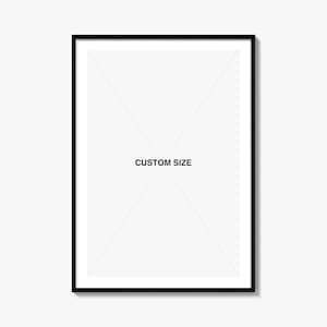 May include: A black framed picture with a white interior. The text "CUSTOM SIZE" is centered in the middle of the white space. The frame is rectangular and the interior has lines that intersect in the center.