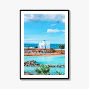 Impresión fotográfica de bellas artes de Chipre, playa de Louma, iglesia de Agios Nikolaos, póster de pared de Protaras y Paralimni