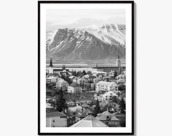 Stampa fotografica artistica in bianco e nero dello skyline di Reykjavik, poster da parete dell'Islanda, città