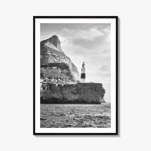 Impresión de póster fotográfico de Gibraltar, arte mural en blanco y negro de Gibraltar, fotografía de Gibraltar, viajes a Gibraltar, póster con mapa de Gibraltar