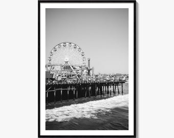 Santa Monica Schwarz-Weiß-Kunstdruck, Poster vom Pier-Riesenrad