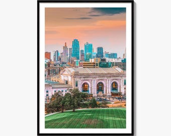 Konstfototryck av Kansas Citys skyline, affisch med Union Station, väggdekoration i Missouri