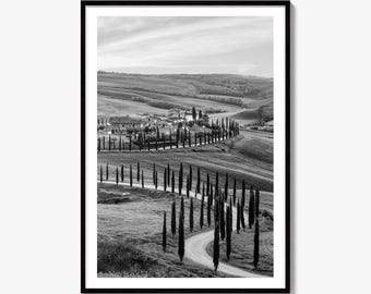 Svartvitt konstfototryck av Toscana, Kreta Senesi, Siena-poster