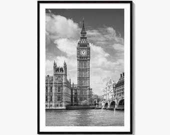 London Black and White Fine Art Photo Print, Big Ben Parliament UK Poster