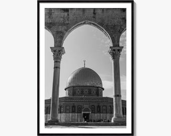 Fotografía artística en blanco y negro de Jerusalén, Cúpula de la Roca, decoración de Israel