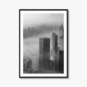 Póster fotográfico de Hong Kong n.º 2, arte en blanco y negro de Hong Kong, fotografía de Hong Kong, viajes a Hong Kong, póster con mapa de Hong Kong