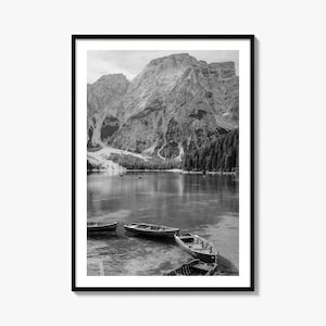 Lake Braies Black and White Fine Art Photo Print, Dolomites Italy Poster