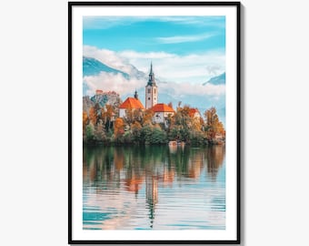Impresión fotográfica de bellas artes del lago Bled, cartel de Eslovenia, Blejsko Jezero, Alpes Julianos, Iglesia de la isla