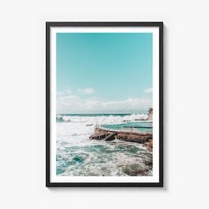 Bronte Beach Ocean Pool Fine Art Photo Print, sydney poster, white border in a black wood frame