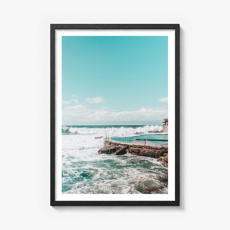 Bronte Beach Ocean Pool Fine Art Photo Print, sydney poster, white border in a black wood frame