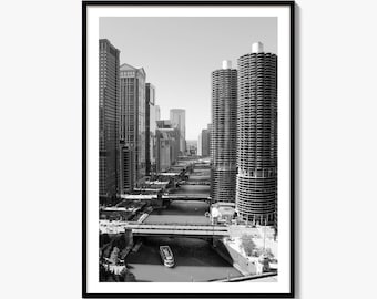 Chicago Black and White Fine Art Photo Print, River Poster, Illinois Wall Decor