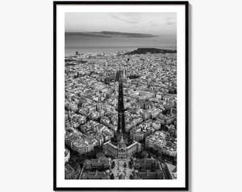Impresión fotográfica artística en blanco y negro del horizonte de Barcelona, póster de Cataluña, España