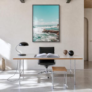 Bronte Beach Ocean Pool Fine Art Photo Print, sydney poster, full image (no border) in a black wood frame, hanging in a minimalist home office