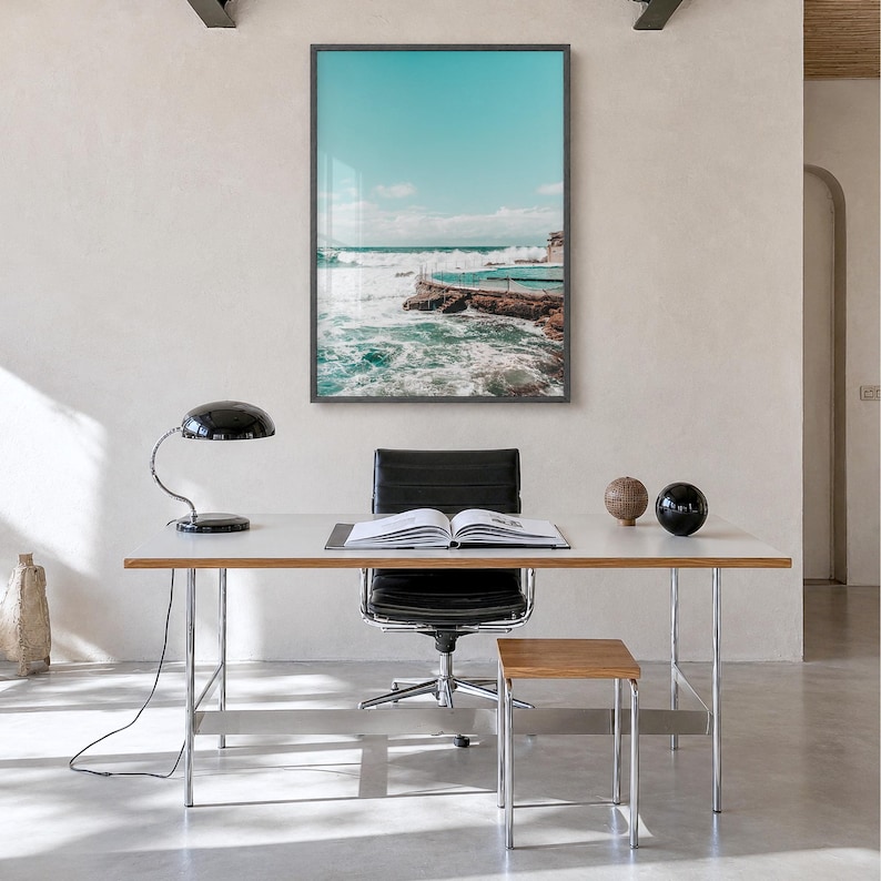 Bronte Beach Ocean Pool Fine Art Photo Print, sydney poster, full image (no border) in a black wood frame, hanging in a minimalist home office