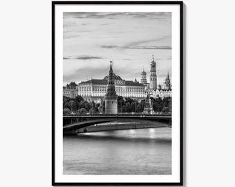 Moscow Black and White Fine Art Photo Print, Kremlin, Moskva River, Russia Wall Poster