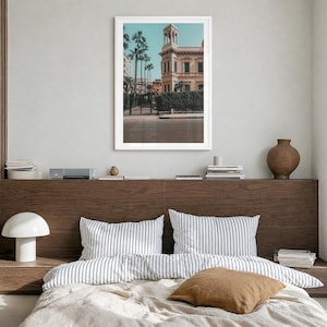 Alexandria Fine Art Photo Print, al-iskandariyah poster, white border in a white wood frame, hanging in a bedroom